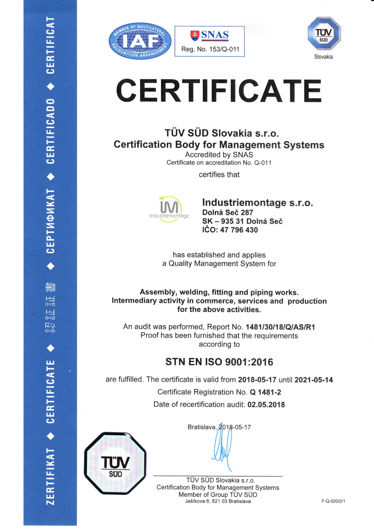 Certifikat TUV ISO