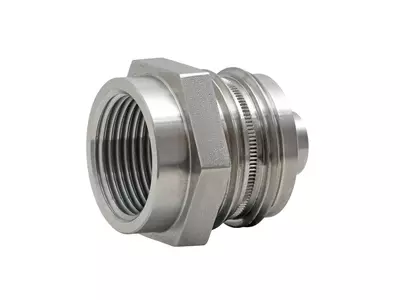 Buchse mit Außen- und Innengewinde sowie Rändelung.