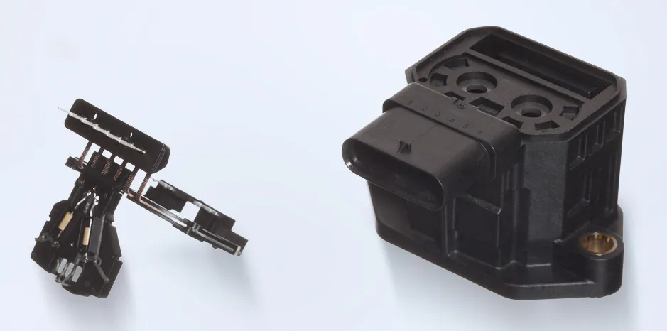 Vorumspritzling mit elektronischem Bauteil + Fertigumspritzte Baugruppe