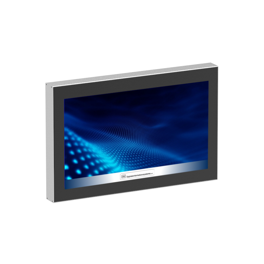 Digital signage - Vitrine OPAL, zum Einbau von Displays und Touch-Monitore. Rahmen aus Aluminium Strangpressprofil, eloxiert.
