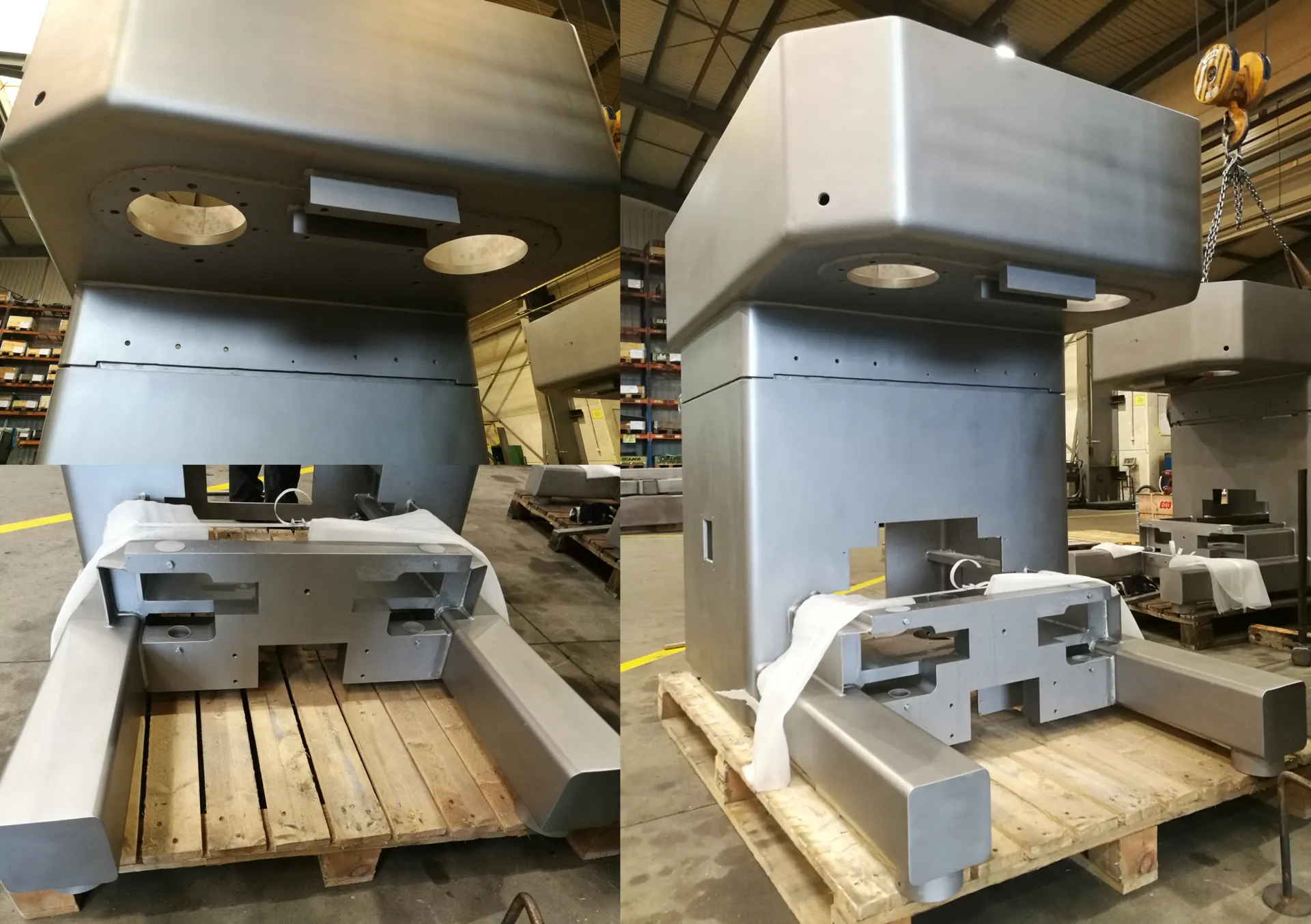 Stainless steel bakery mixer body with a 70 mm thick plate and coaxial H6 holes