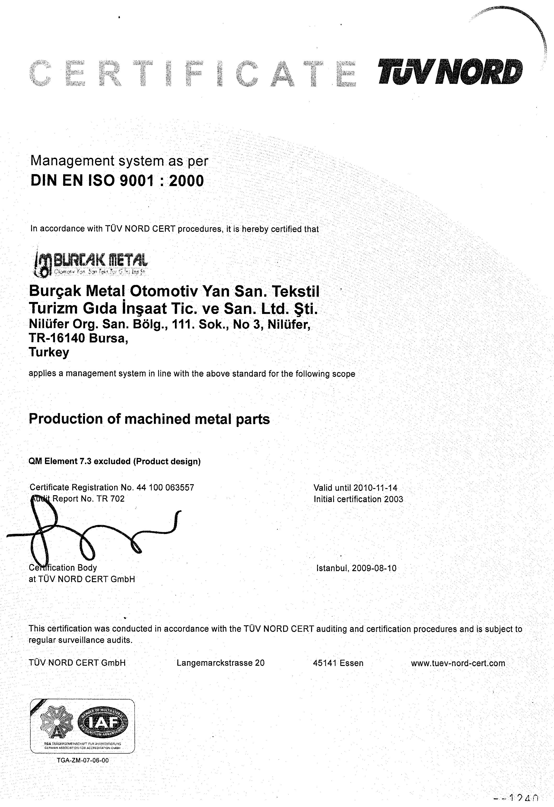 QUALITY CERTIFICATE
